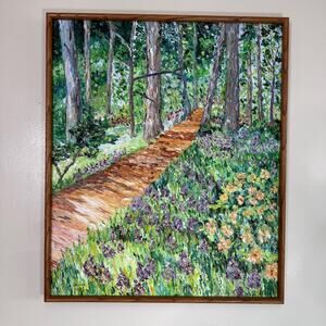 Vintage Nature Oil Painting 1980's Signed Landscape Cottage Art Floral Path